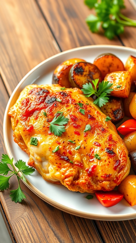 Crispy air fryer Italian chicken garnished with parsley, served with roasted vegetables on a rustic table.